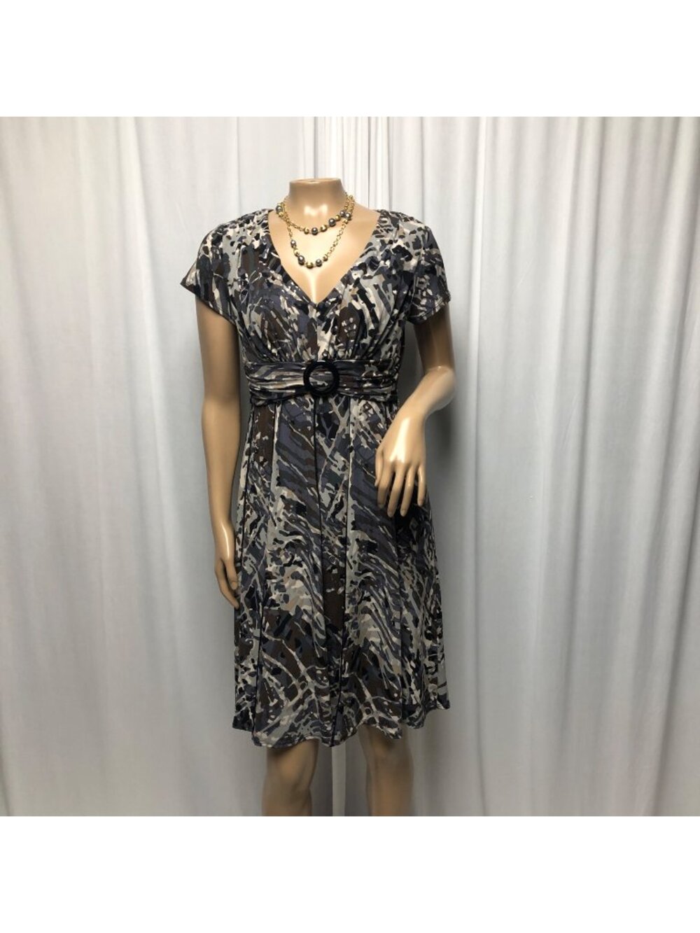 Perceptions Dress Womens Size 6P Brown Gray Stretchy Short Sleeve V-Neck Office